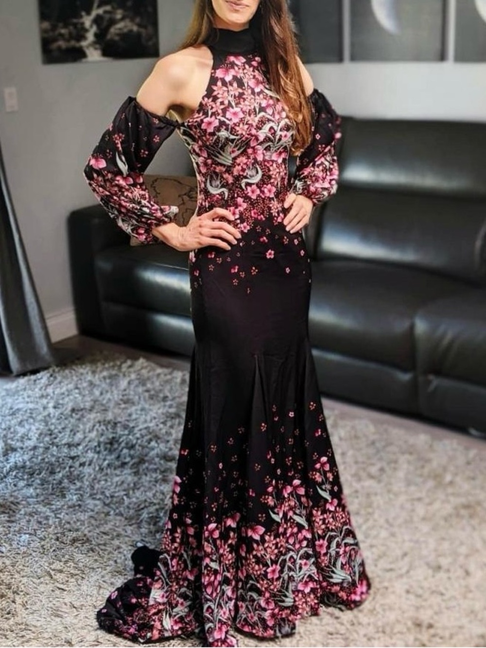 Bebe Black & Pink Floral Cold-Shoulder Maxi Gown #122